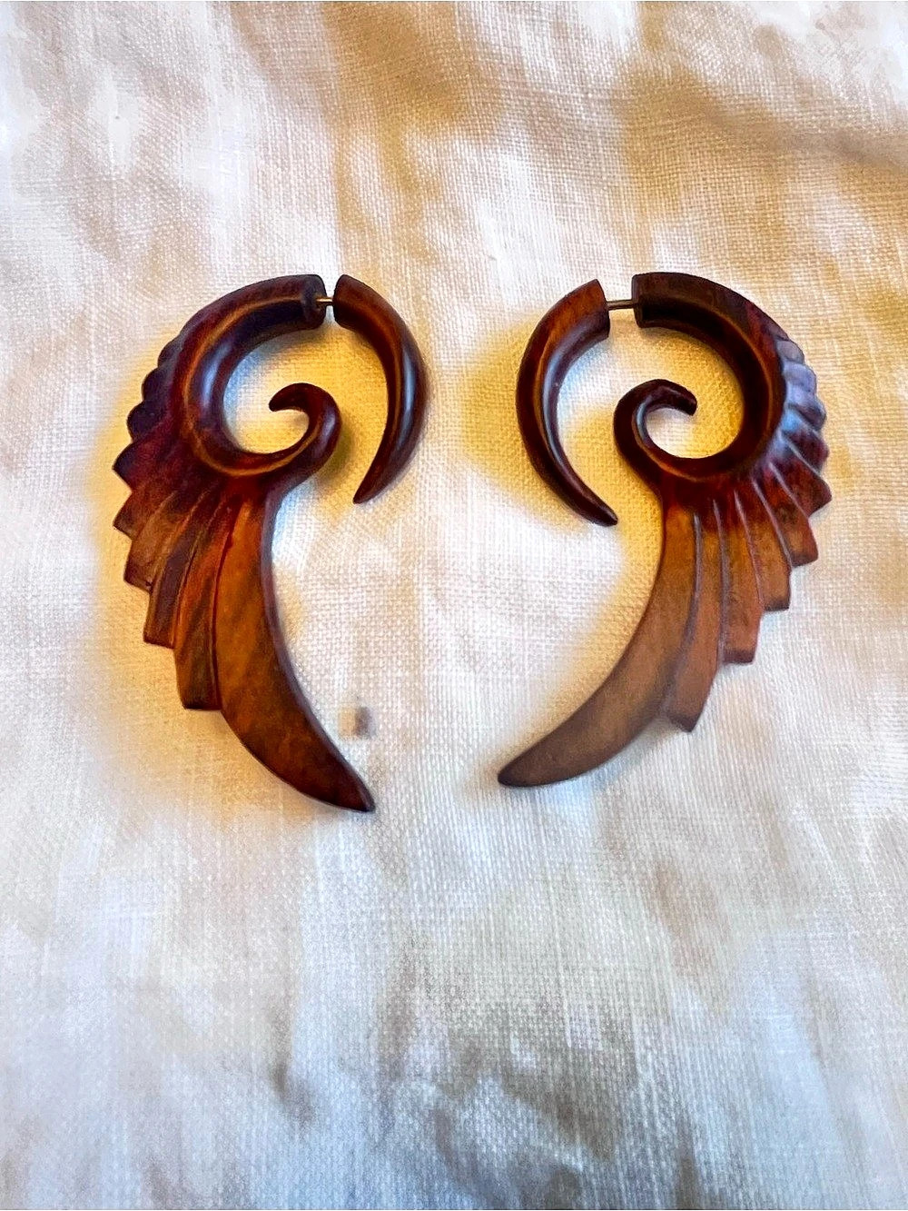 Carved Wood Spiral Earrings in Brown